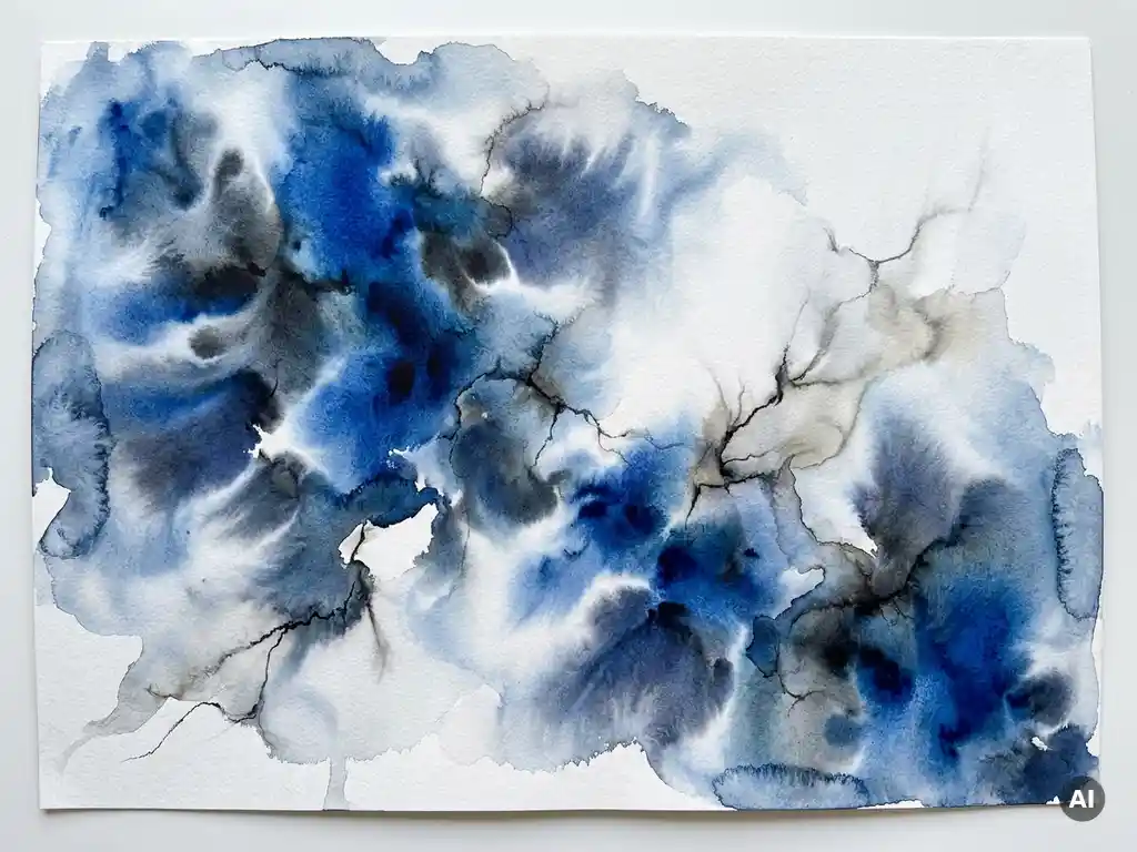 Abstracte aquarel met kobaltblauwe inktdiffusies die organisch vervagen in wit, met zachte grijze wolkvormige blooms op zichtbaar papier.