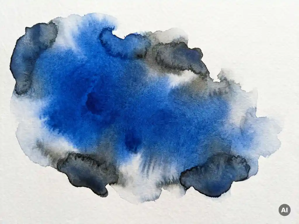 Abstracte minimalistische aquarelwash in kobaltblauw dat zacht vervaagt in wit, met antraciet tinten aan de randen.