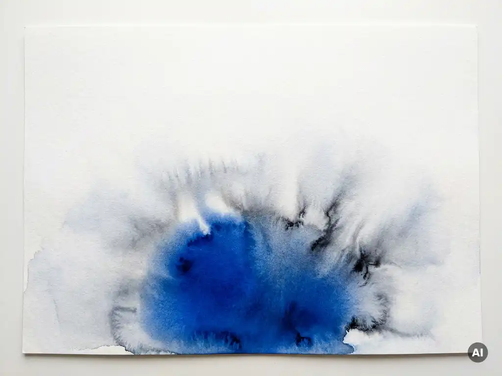 Abstracte aquarelwash in kobaltblauw en zachtgrijs, vloeiend uitlopend op getextureerd papier met wit negatief vlak.