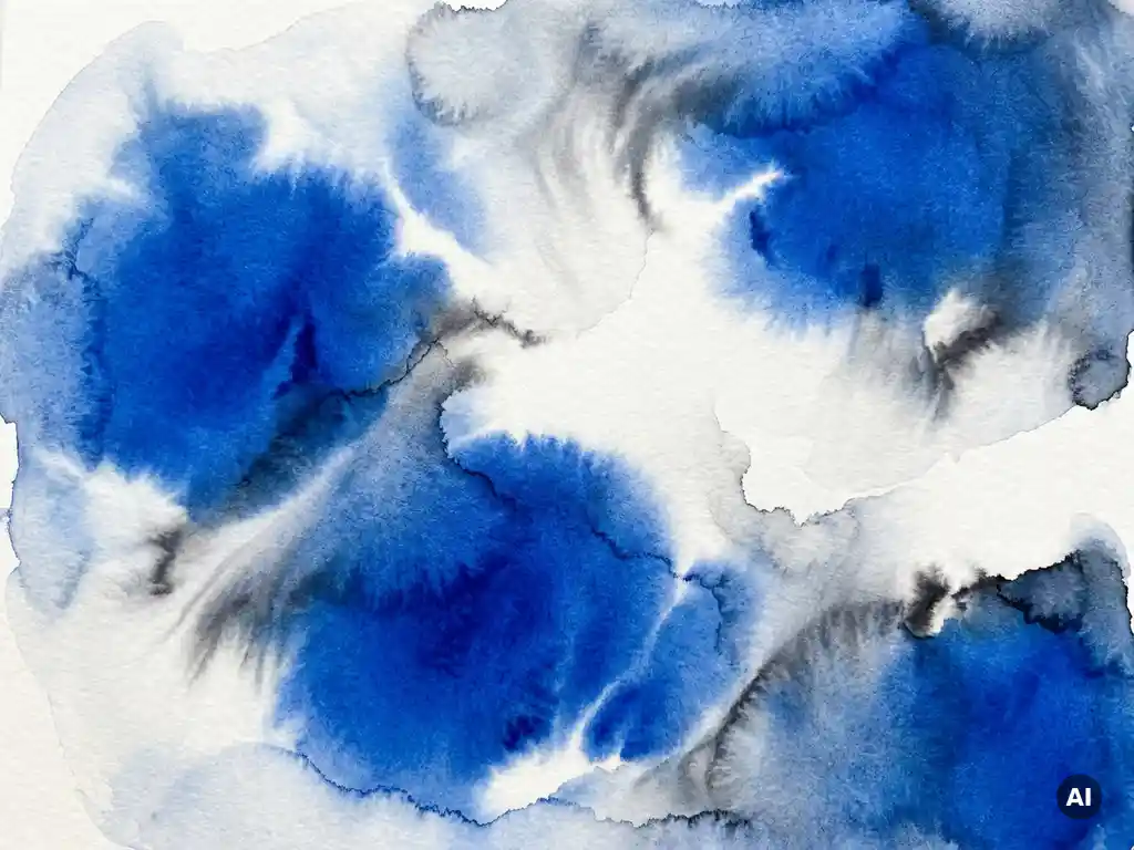 Abstracte aquarelwash in diep kobaltblauw met zachte grijze en zwarte inktdiffusie op witte achtergrond.