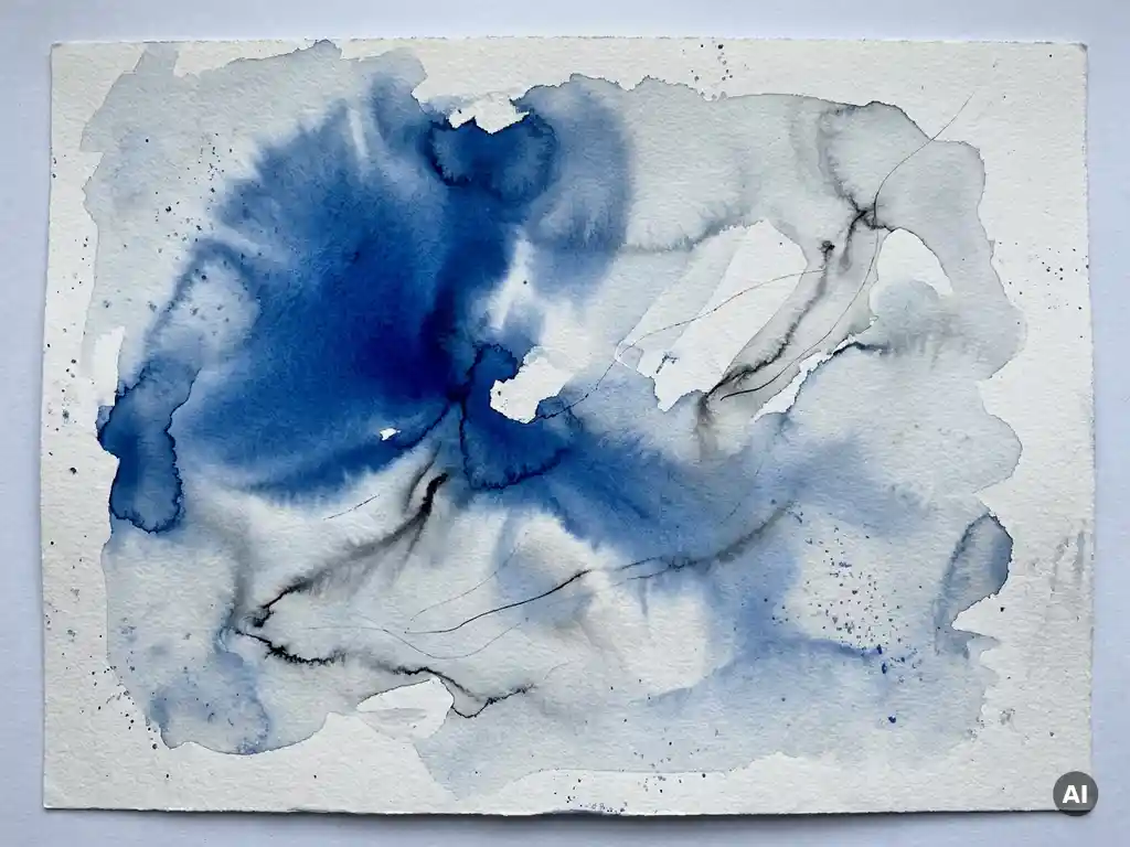 Abstracte aquarel met kobaltblauwe en grijze vloeiende vlekken op waterverftextuur, nat-op-nat techniek.