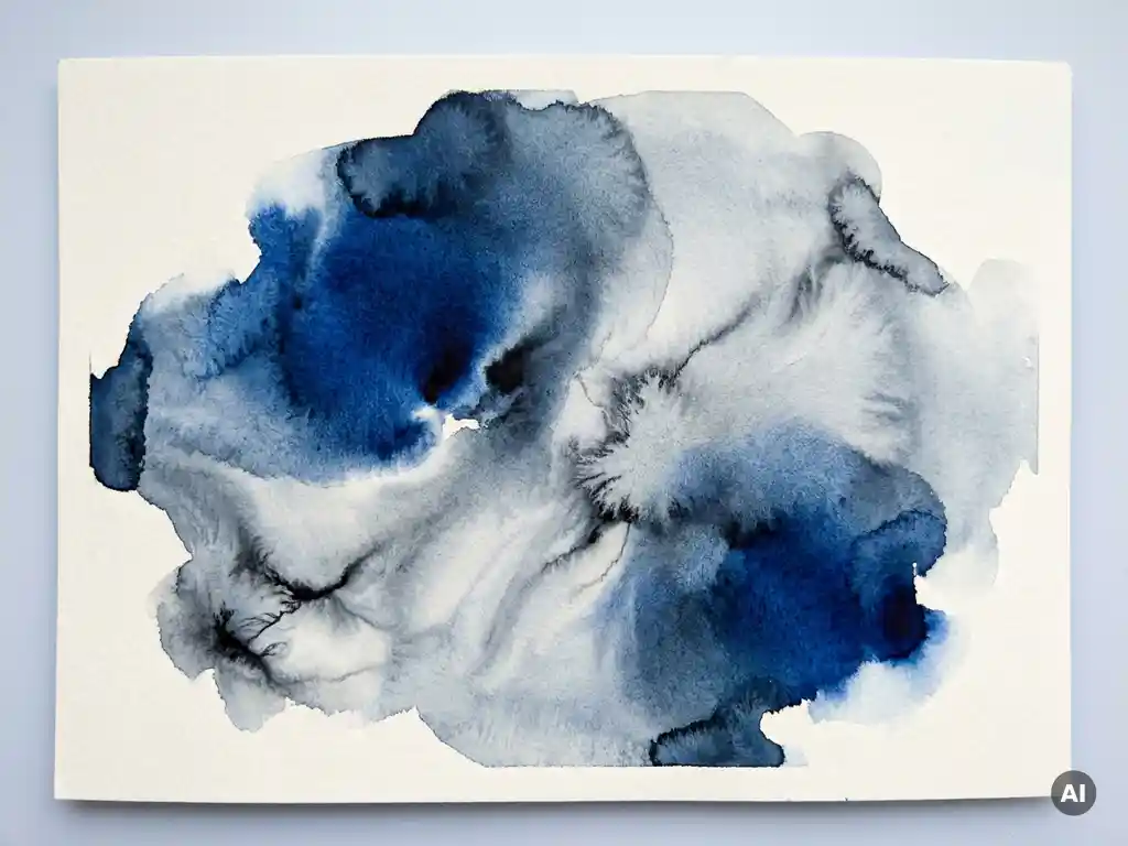 Abstracte aquarelwas in kobaltblauw en donkergrijs vloeit organisch uit op getextureerd papier met witte randen.