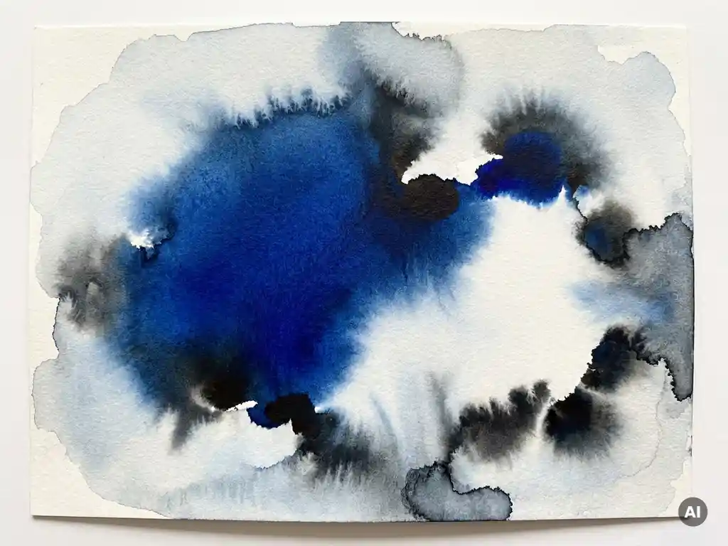 Abstracte aquarelwash met diepkobaltblauw dat vervaagt in wit, met donkere inktachtige schaduwen aan de randen.