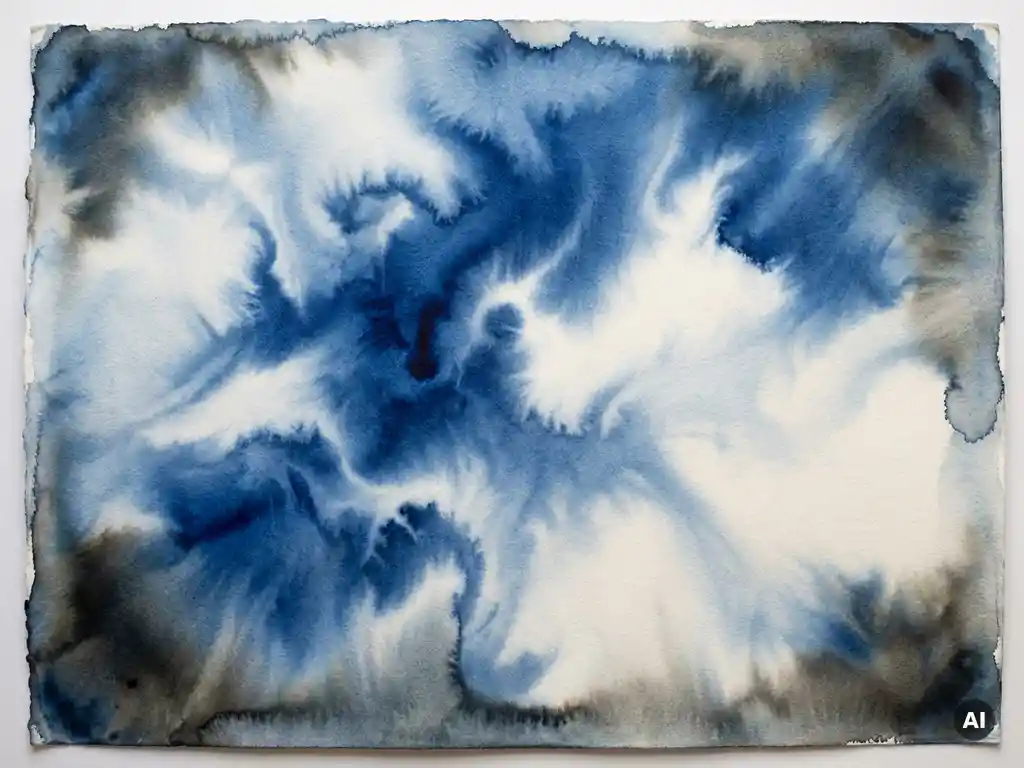 Abstracte minimalistische aquarelwas in diep kobaltblauw dat zacht vervaagt in wit, met donkere grijstinten aan de randen.